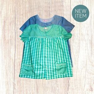 Tati Smock Shirt Blue /Green White XL Short Sleeve Checkered NWOT
